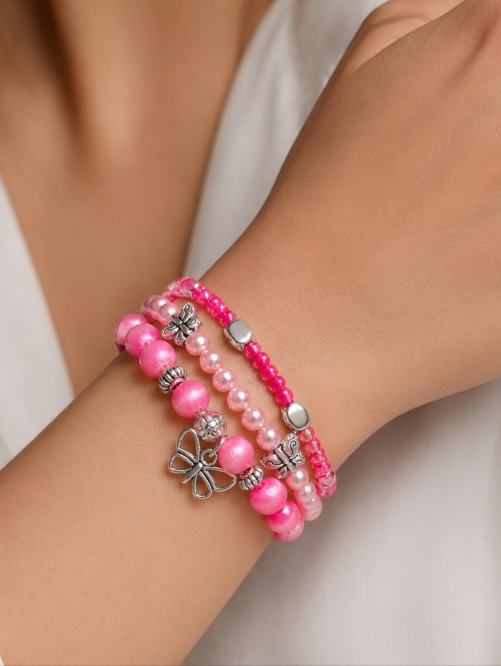 Pink Butterfly Charm Layered Stack Bracelet Set